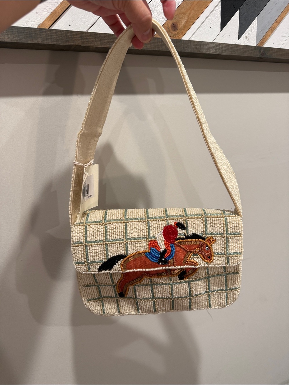 Cream Beaded Shoulder Bag with Embroidered Horse Accent